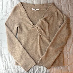 Beige Twist Front V-Neck Knit Top